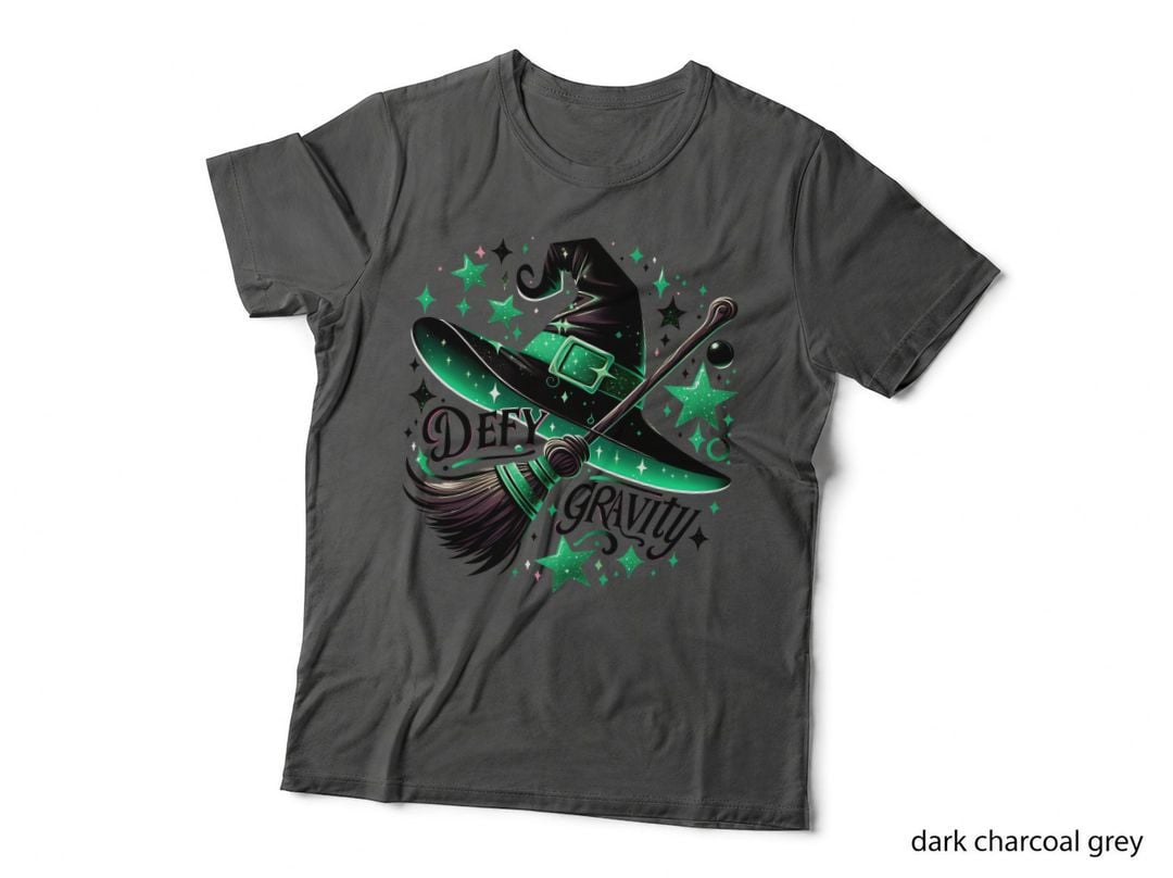 Defy Gravity Witch Hat T-Shirt, Green Broom and Stars, Magical Witchy Quote
