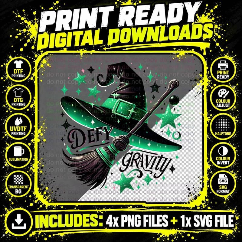 Defy Gravity Witch Hat T-Shirt, Green Broom and Stars Png SVG Digital Bundle