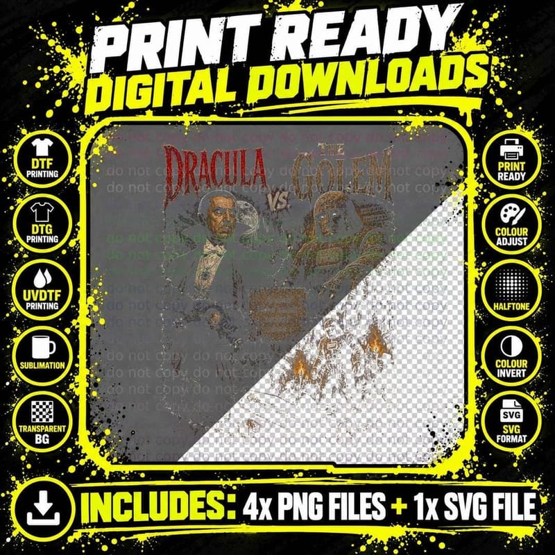 Dracula vs Golem Vintage Classic Horror Vampire Folklore Png SVG Digital Bundle