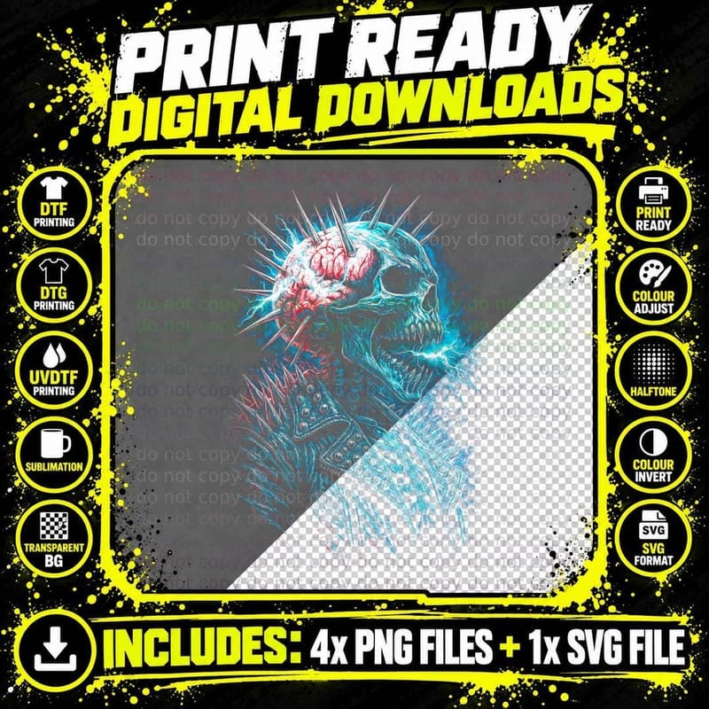 Electric Spiky Skull T-Shirt, Horror Apparel Png SVG Digital Bundle