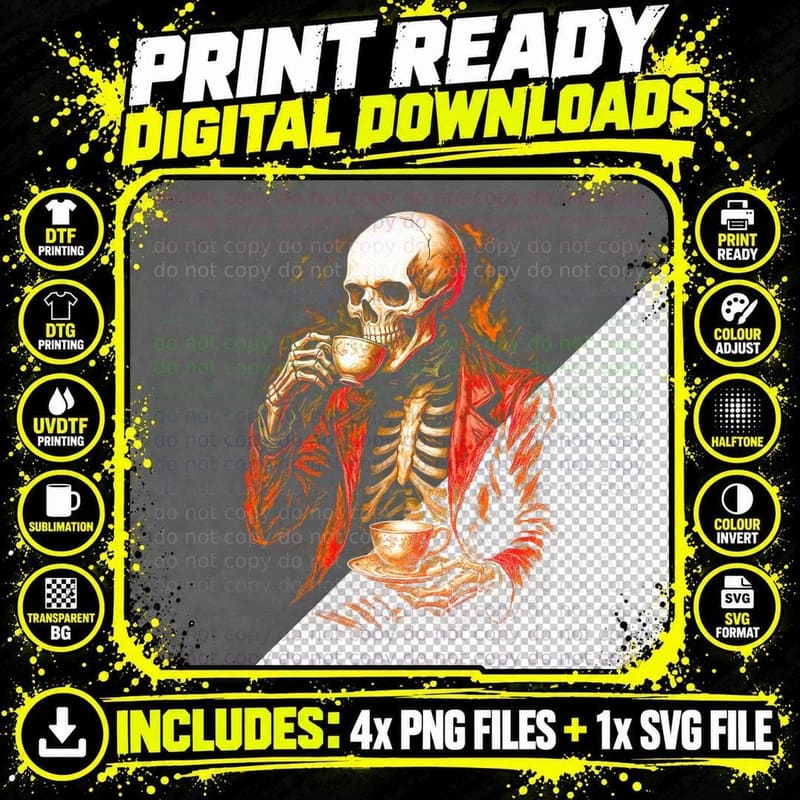 Elegant Skeleton Drinking Tea T-Shirt, Gothic Apparel Png SVG Digital Bundle