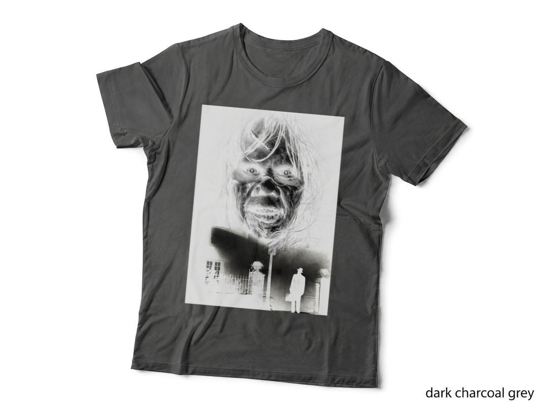 Exorcist Possessed Face, Priest Silhouette Under Street Lamp, Horror T-Shirt