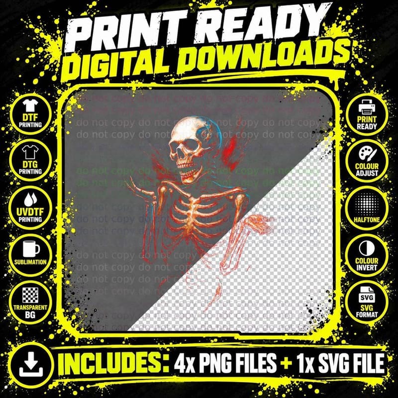Expressive Dramatic Skeleton T-Shirt, Halloween Costume Png SVG Digital Bundle