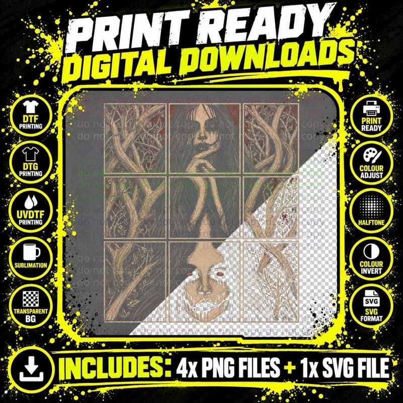 Faces in the Trees Grid T-Shirt Creepy Surreal Horror Png SVG Digital Bundle