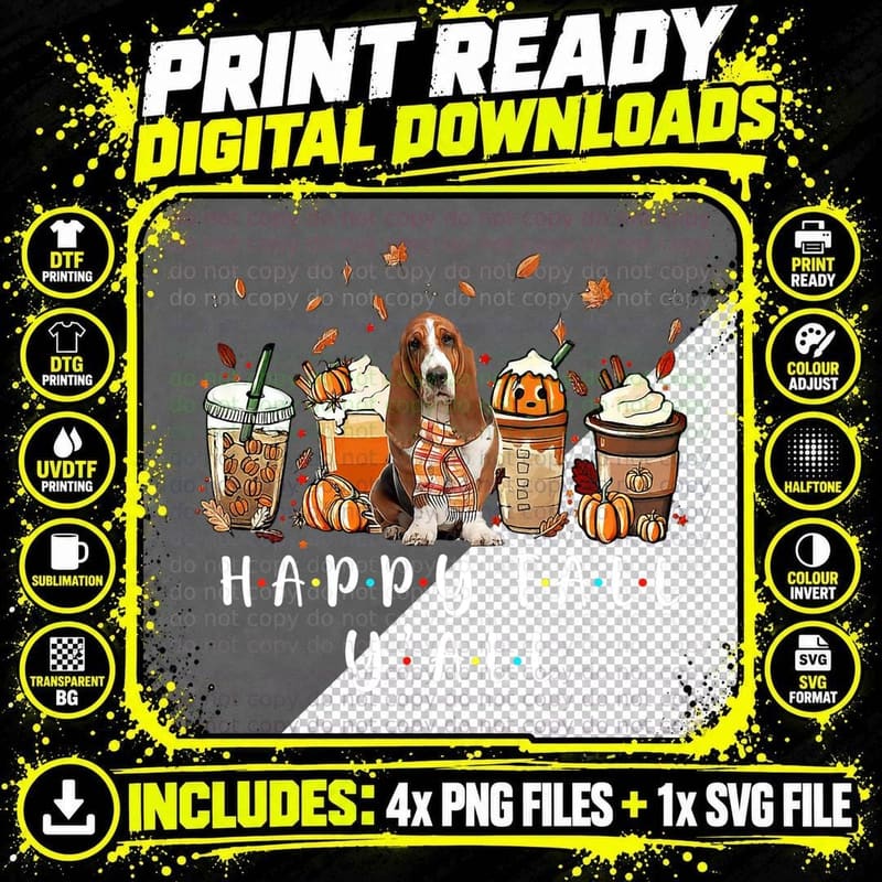 Fall Pumpkin Coffee Basset Hound T-Shirt Png SVG Digital Bundle