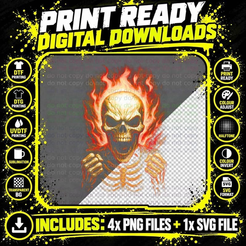 Flaming Skull T-Shirt, Fiery Skeleton Print Png SVG Digital Bundle