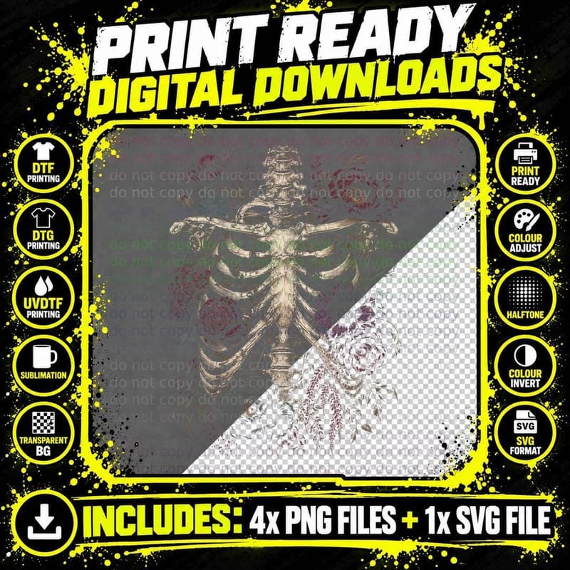 Floral Ribcage Skeleton T-Shirt Gothic Cottagecore Png SVG Digital Bundle