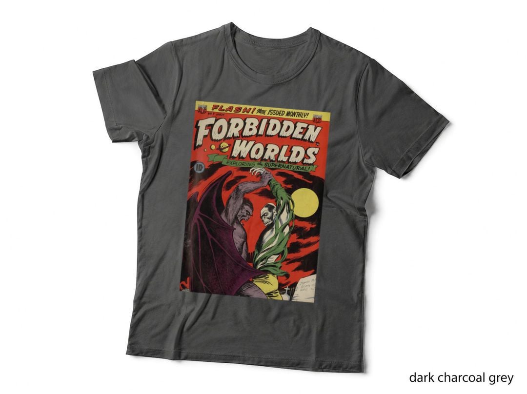 Forbidden Worlds Supernatural Bat Creature Comic T-Shirt, Retro Horror, Fan Art