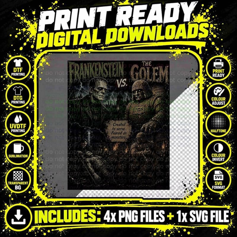 Frankenstein vs Golem Vintage Classic Horror Monster Png SVG Digital Bundle