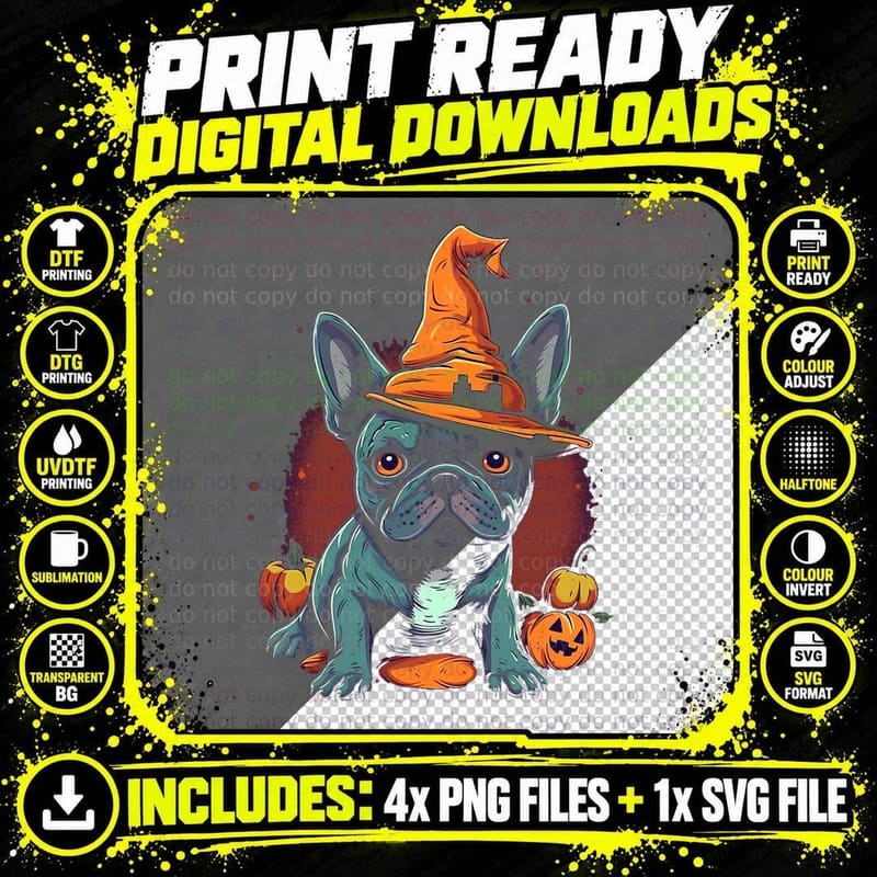 French Bulldog Witch Hat Halloween Costume Dog Lover Png SVG Digital Bundle