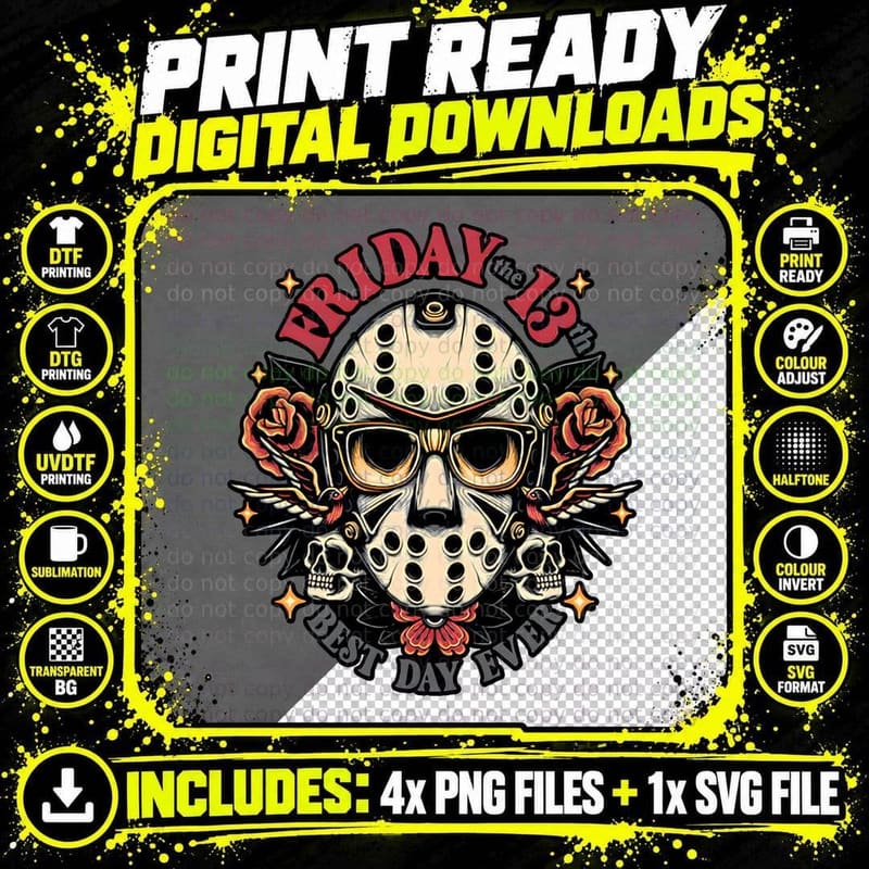 Friday the 13th Jason Tee, Hockey Mask Roses Skulls Png SVG Digital Bundle