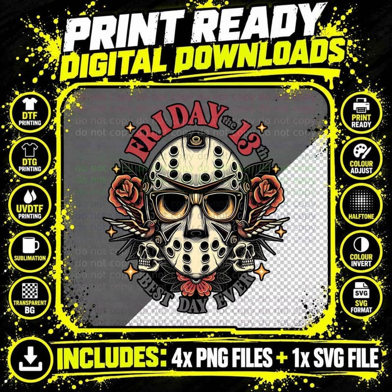 Friday the 13th Jason Voorhees Horror Tattoo Style Png SVG Digital Bundle