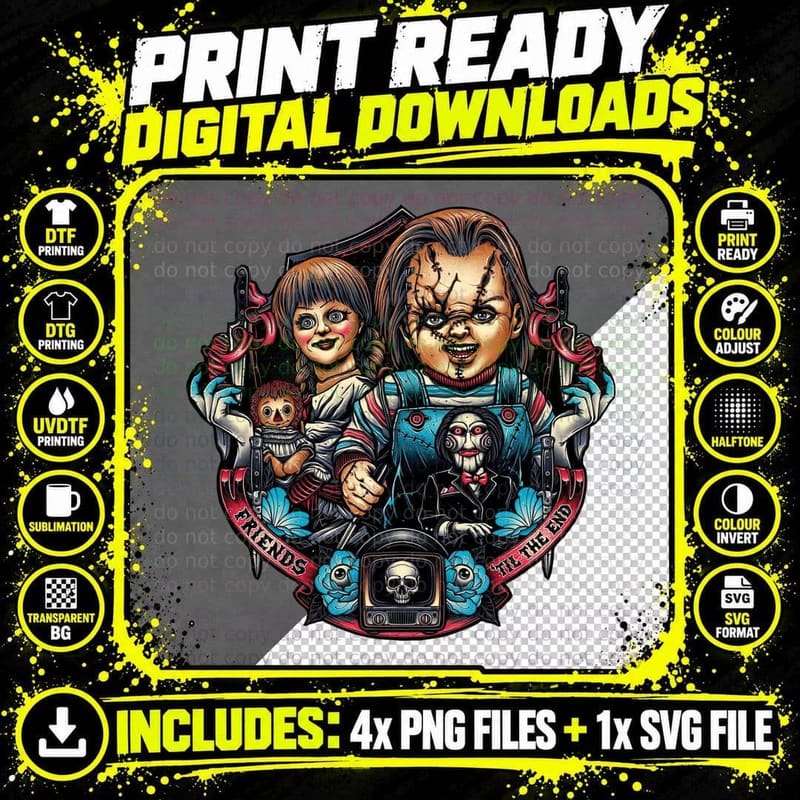 Friends Til the End, Chucky, Jigsaw, Annabelle Png SVG Digital Bundle