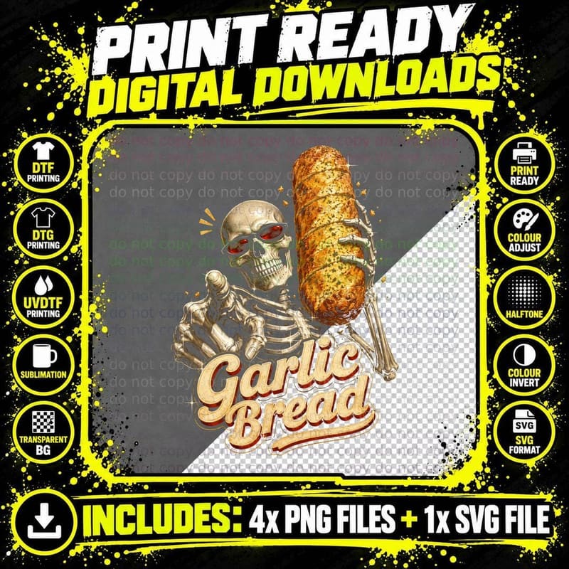 Garlic Bread Skeleton T-Shirt Funny Foodie Gothic Png SVG Digital Bundle