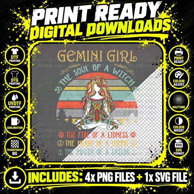 Gemini Girl Soul of a Witch, Vintage Sunset Boho Hippie Png SVG Digital Bundle