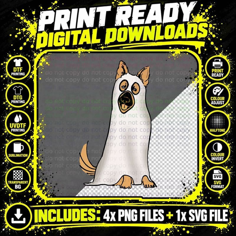 German Shepherd Cute Dog Wearing Ghost Funny Halloween Png SVG Digital Bundle