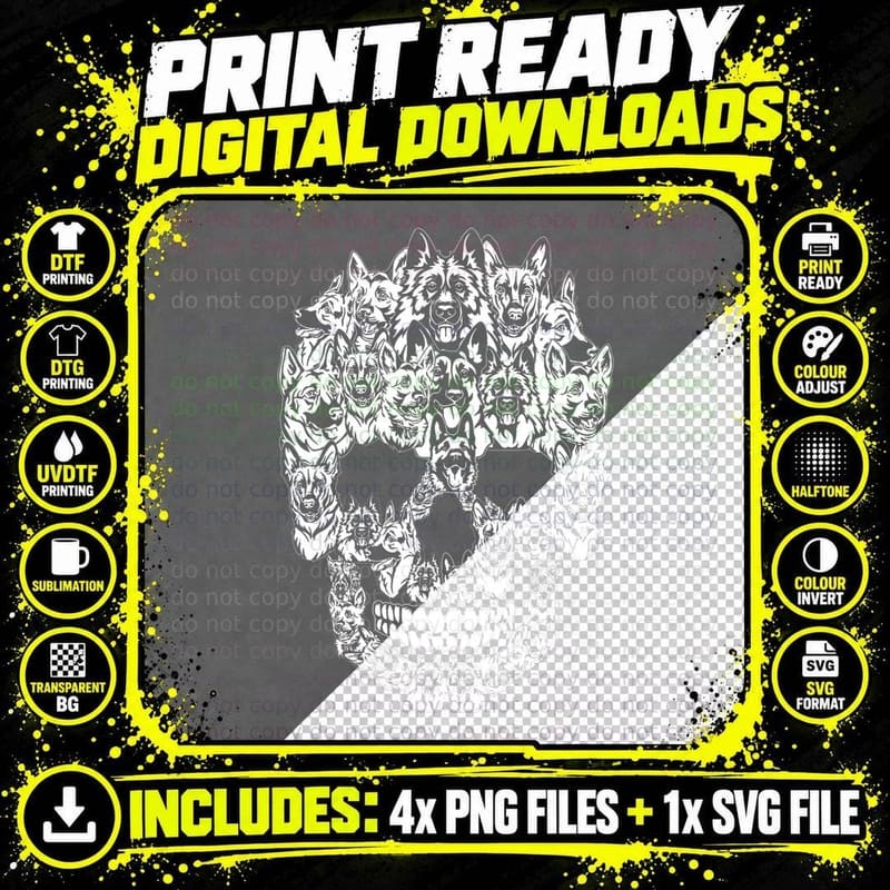 German Shepherd Dog Graphic Halloween Skull Costumes Png SVG Digital Bundle