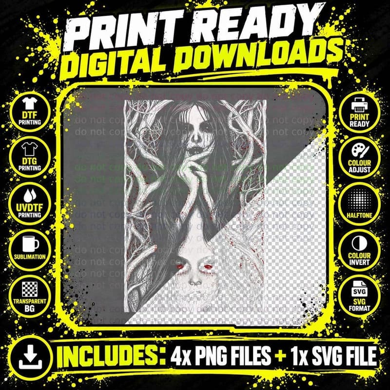 Ghost Woman in the Woods T-Shirt Creepy Horror Gothic Png SVG Digital Bundle