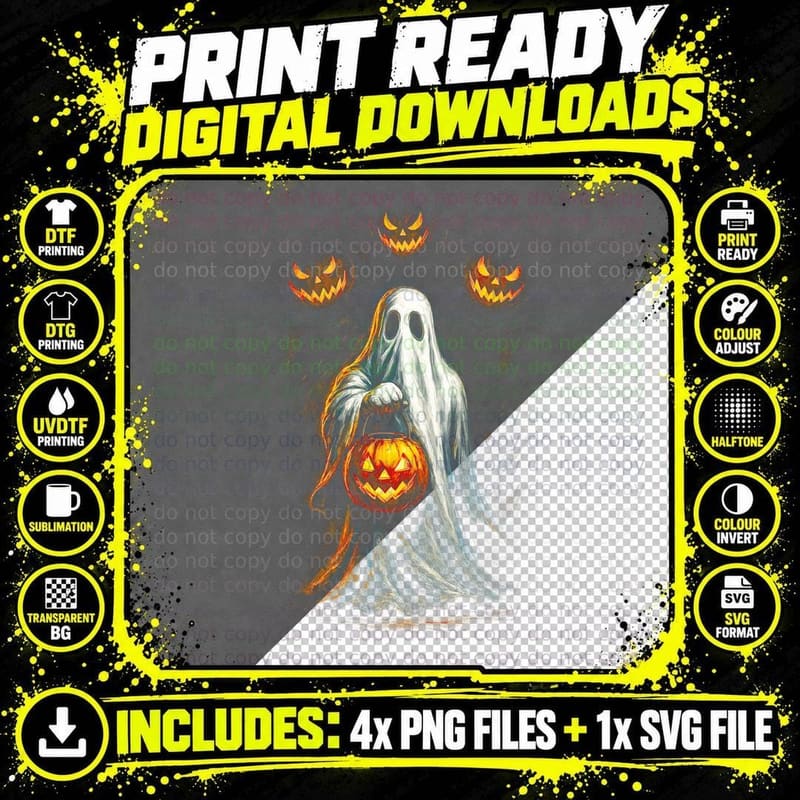 Ghost with Jack-O'-Lantern T-Shirt, Halloween Costume Png SVG Digital Bundle