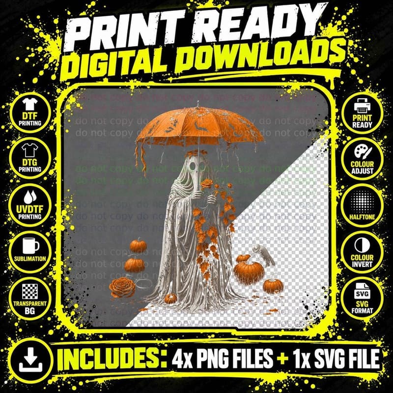 Ghost with Umbrella Pumpkins T-Shirt Autumn Halloween Png SVG Digital Bundle