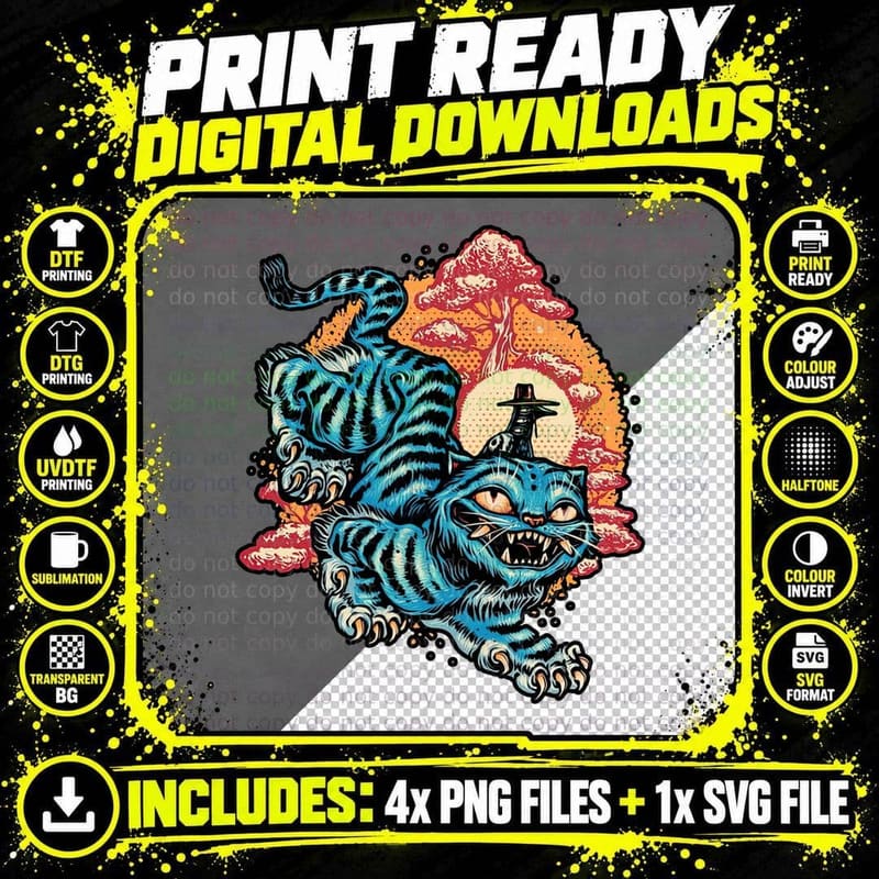 Glowing Tiger T-Shirt, Retro Horror Tee Png SVG Digital Bundle