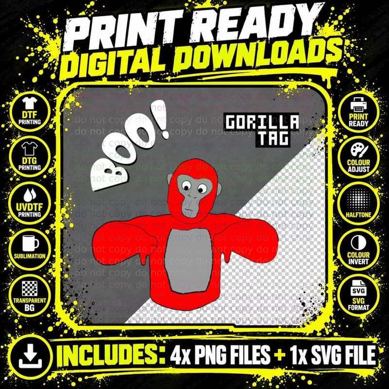 Gorilla Tag Boo Spooky Cartoon, Halloween Monke Speech Png SVG Digital Bundle