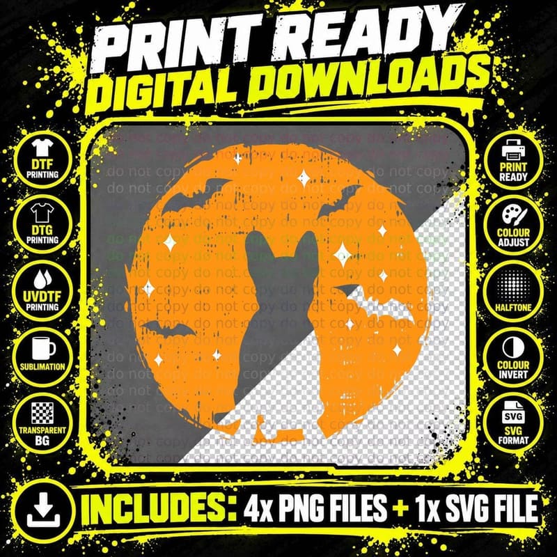 Halloween Cat Silhouette T-Shirt, Spooky Animal Print Png SVG Digital Bundle