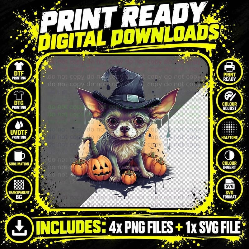 Halloween Chihuahua Witch T-Shirt, Spooky Pet Costume Png SVG Digital Bundle
