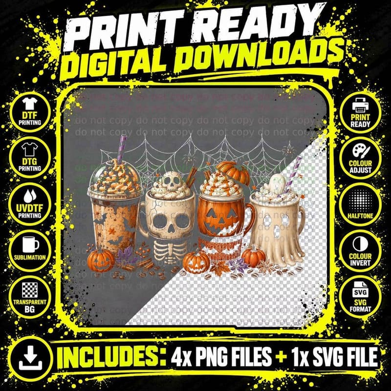 Halloween Coffee Cups T-Shirt Spooky Latte Pumpkin Skull Png SVG Digital Bundle
