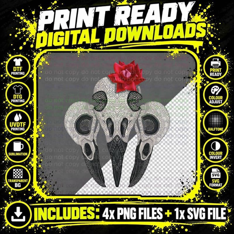 Halloween Crow Skulls with Red Rose - by Art Love Png SVG Digital Bundle