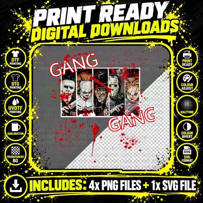 Halloween Gang Slashers Tee, Michael Jason Freddy Chucky Png SVG Digital Bundle