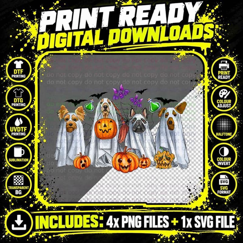 Halloween Ghost Dogs T-Shirt, Spooky Pet Costume Design Png SVG Digital Bundle