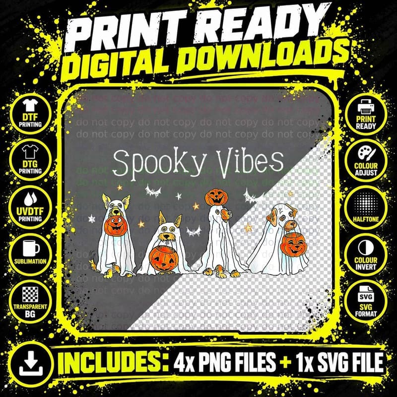 Halloween Ghost Dogs T-Shirt, Spooky Vibes Png SVG Digital Bundle