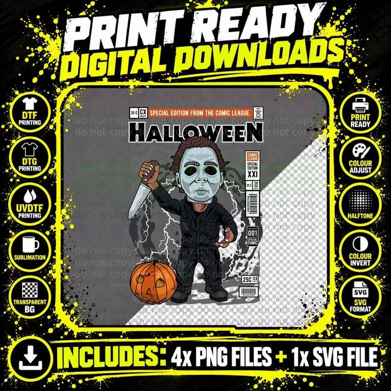 Halloween Michael Myers Comic League Cover Png SVG Digital Bundle
