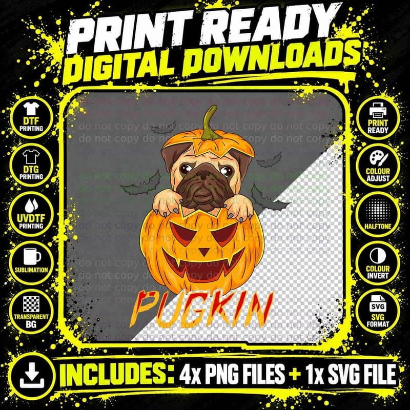 Halloween Pug Pumpkin T-Shirt, Spooky Pet Costume Png SVG Digital Bundle