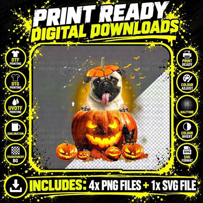 Halloween Pug in Pumpkin T-Shirt, Spooky Pet Costume Png SVG Digital Bundle