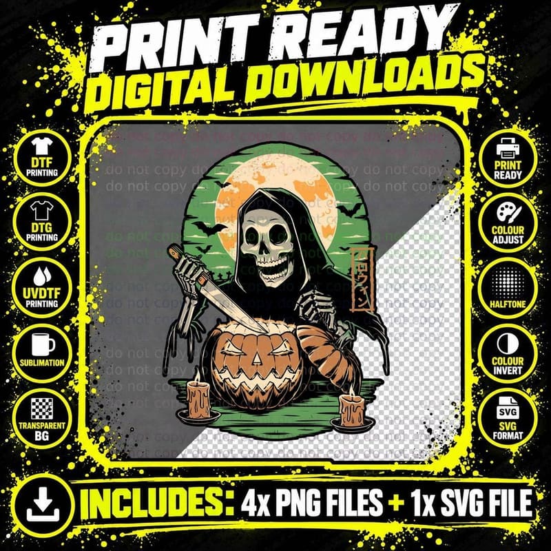 Halloween Pumpkin Carving T-Shirt, Scary Creepy Skeleton Png SVG Digital Bundle