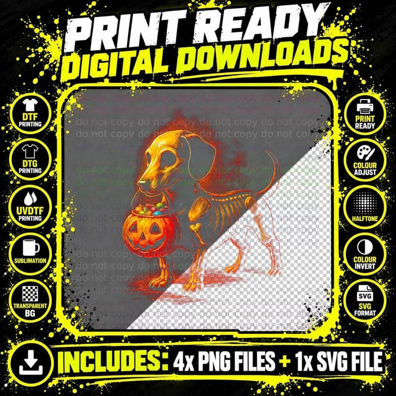 Halloween Skeleton Dog T-Shirt, Spooky Costume Print Png SVG Digital Bundle