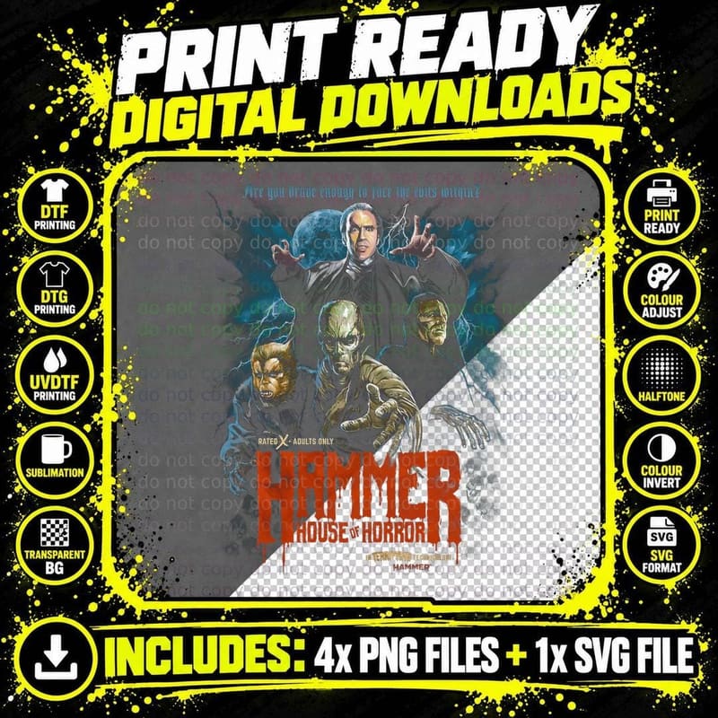 Hammer Horror Movie T-Shirt, Retro Sci-Fi Thriller Png SVG Digital Bundle