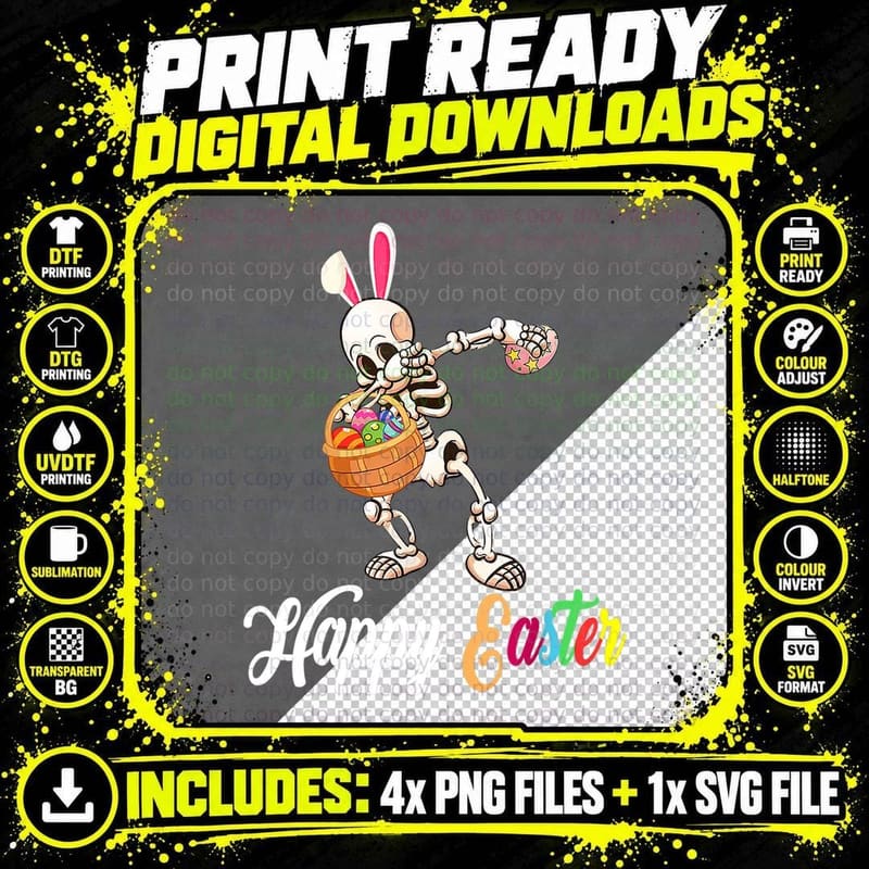 Happy Easter Dabbing Bunny Skeleton Holding Egg Hunt Png SVG Digital Bundle