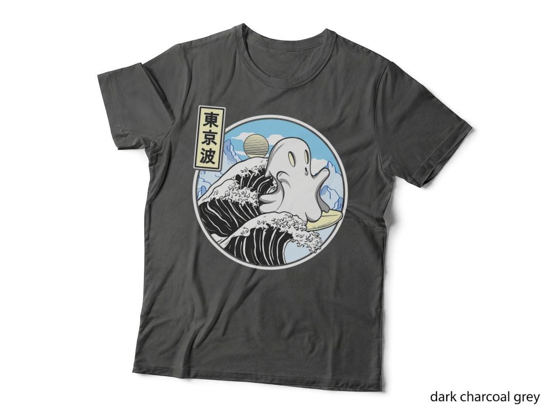 Happy Surfing Ghost on Kanagawa Wave Vaporwave Kawaii Anime T-Shirt