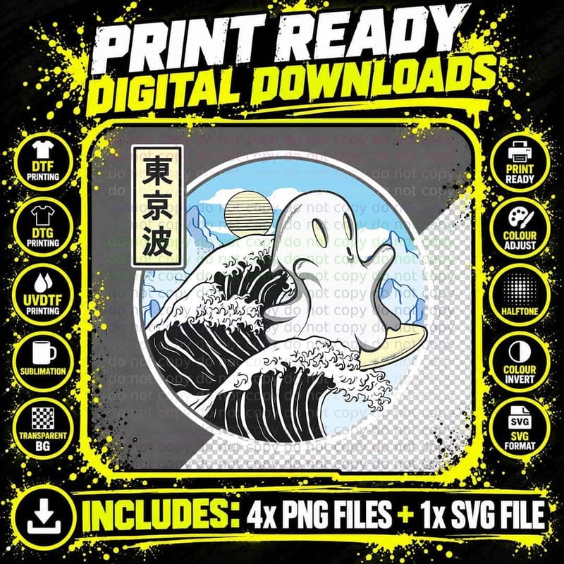 Happy Surfing Ghost on Kanagawa Wave Vaporwave Kawaii Png SVG Digital Bundle