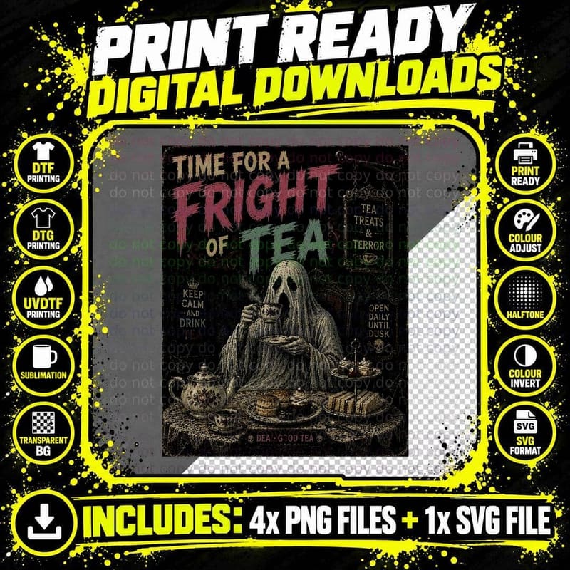 Haunted Teapot Fright of Tea British Tea Retro Horror Png SVG Digital Bundle