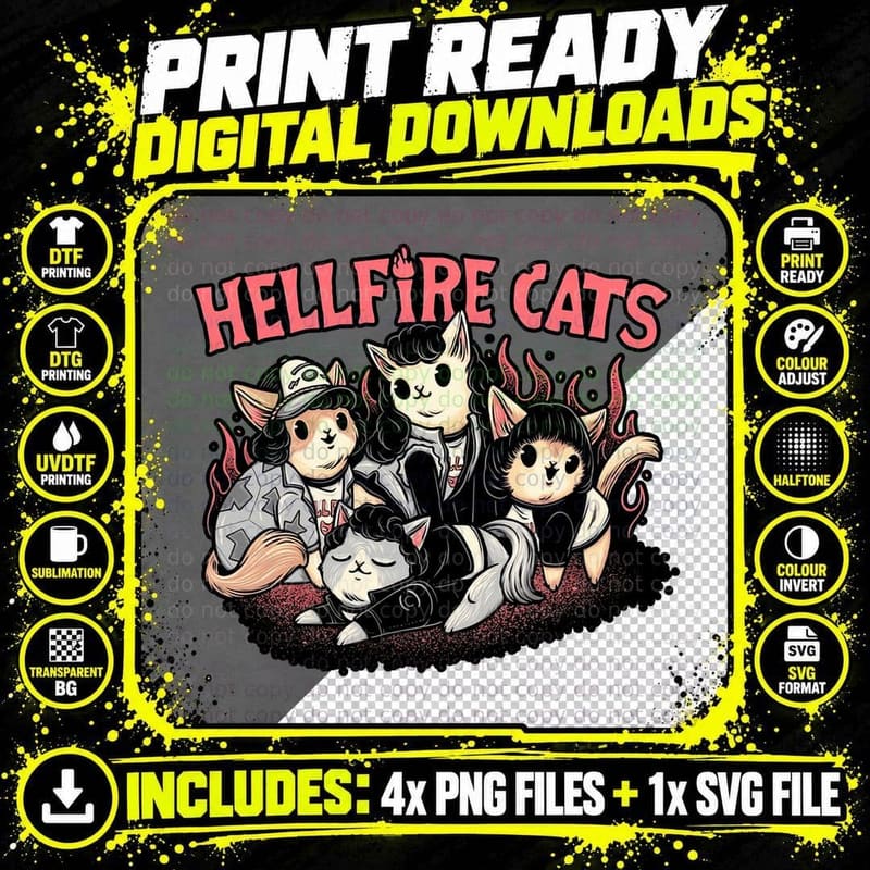Hellfire Cats T-Shirt, Gothic Horror Tee Png SVG Digital Bundle