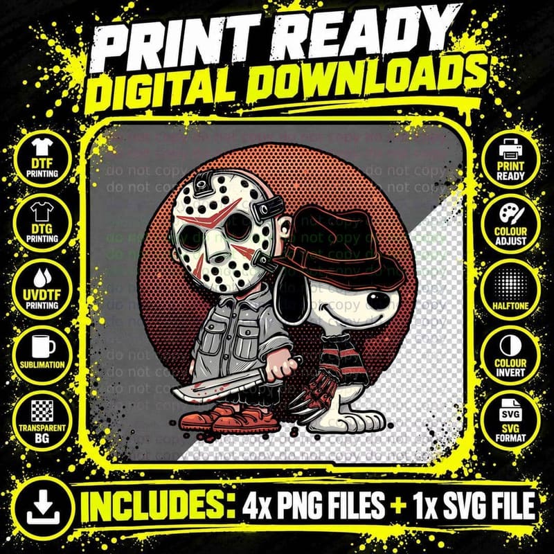 Hockey Mask Slasher and Cartoon Dog Buddies Png SVG Digital Bundle