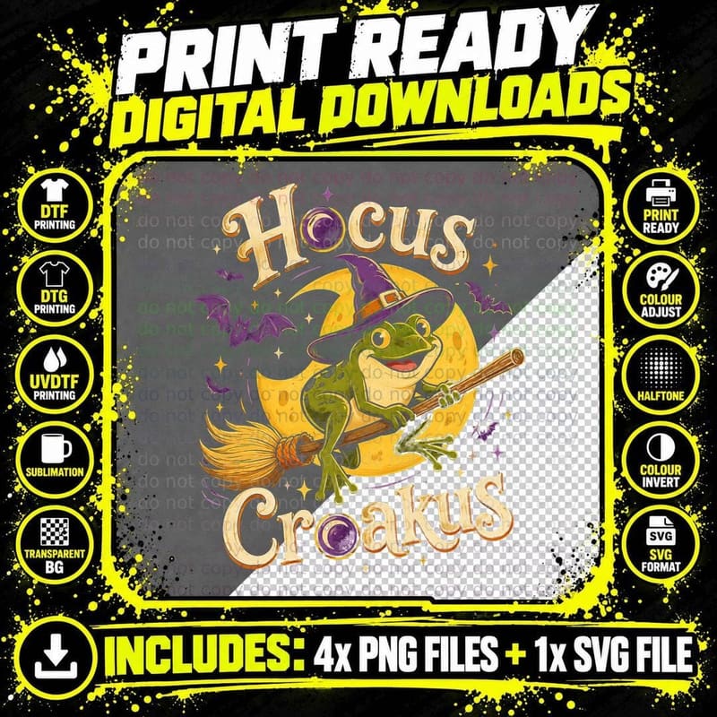 Hocus Croakus Frog Witch T-Shirt Funny Halloween Png SVG Digital Bundle