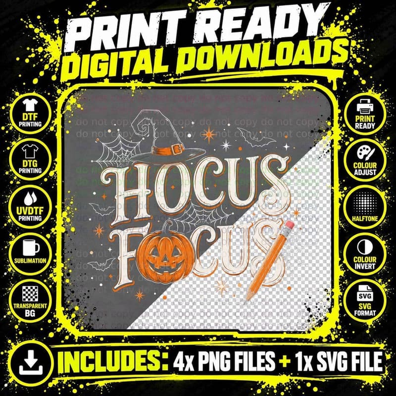 Hocus Focus Pumpkin Pencil T-Shirt Funny Halloween Png SVG Digital Bundle