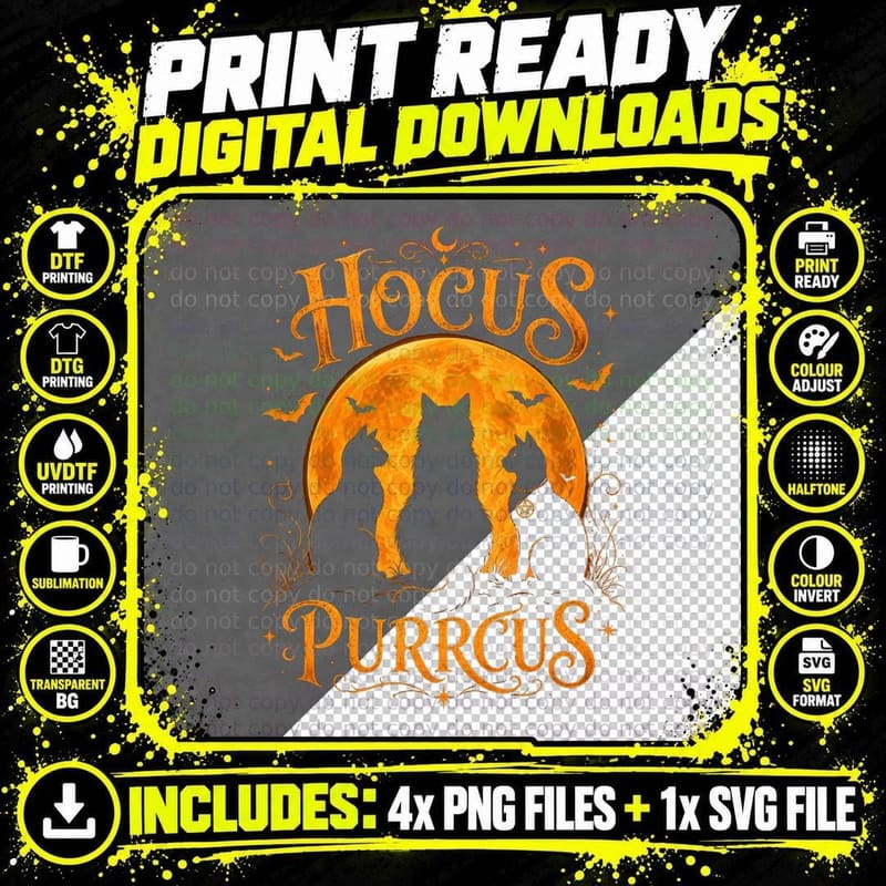 Hocus Purrcus Black Cats Moon T-Shirt Funny Halloween Png SVG Digital Bundle