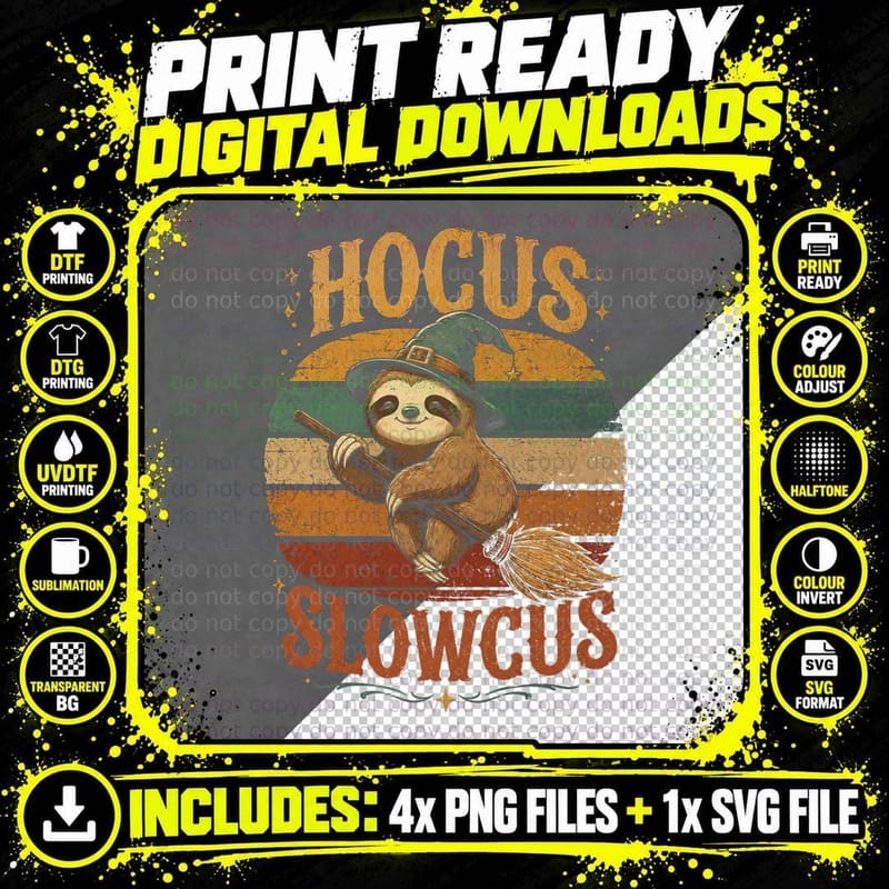 Hocus Slowcus Retro Sloth T-Shirt Funny Halloween Png SVG Digital Bundle