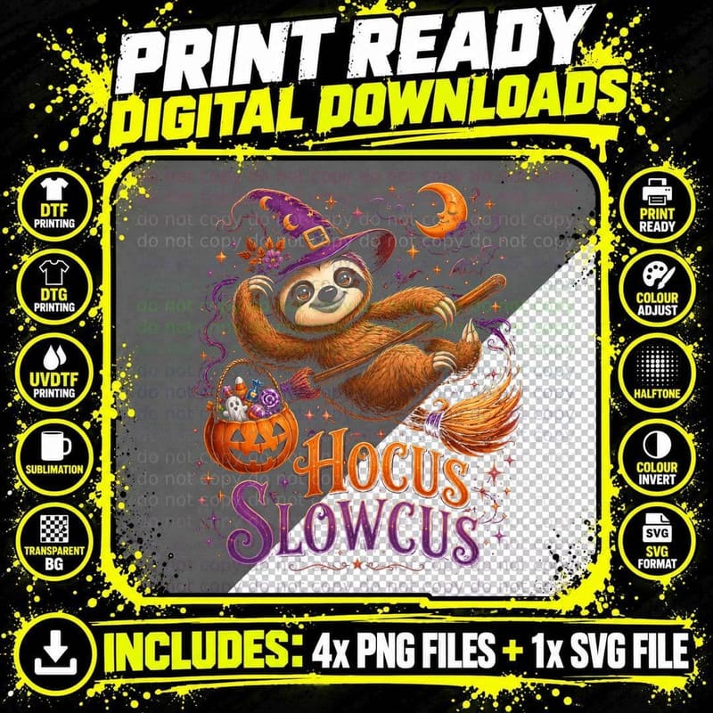 Hocus Slowcus Sloth Witch T-Shirt Funny Halloween Png SVG Digital Bundle